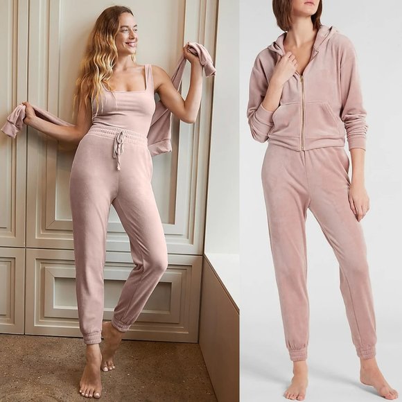 Express Pants - Express Velour Zip Up Hoodie & High Waisted Jogger Pants Set Blushing Mauve XL